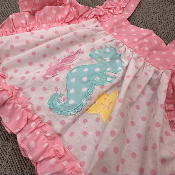 Vintage Broadway Kids Pink Polka Dot Apron Pinnie Tunic Seahorse Design ~9M - Picture 2 of 12